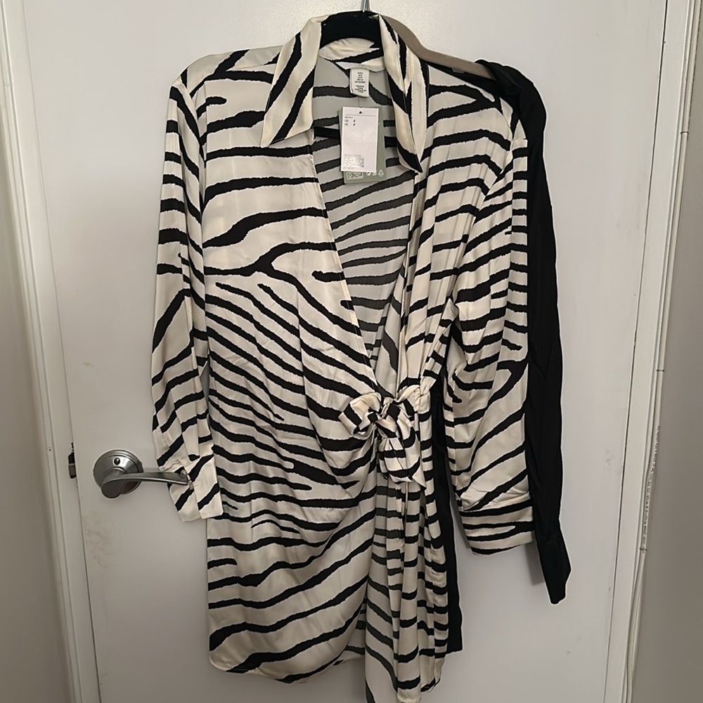 H&M black and white zebra print satin wrapover shirt dress. Size Small. NWT